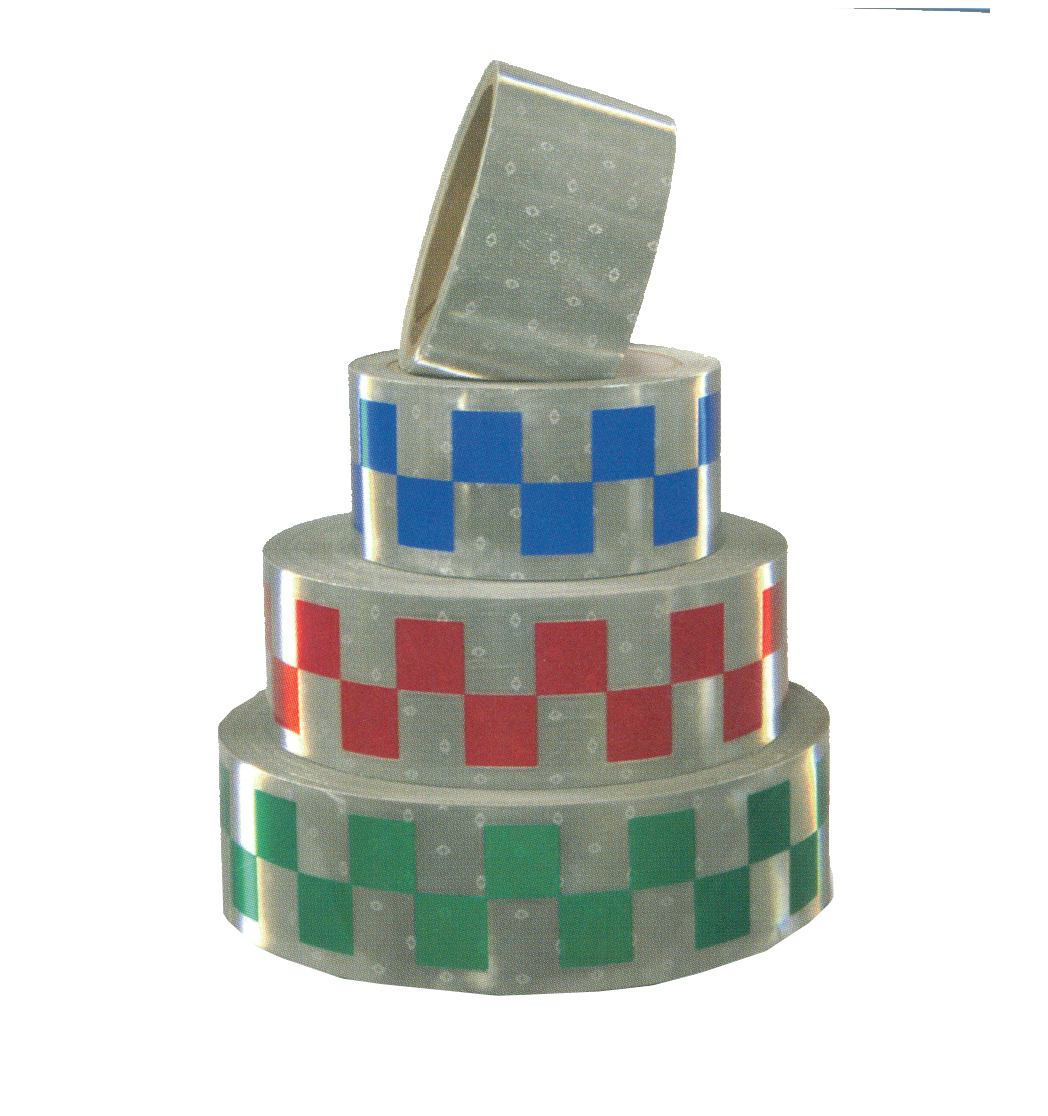 PVC reflective tape, widths: 5 / 10 cm. Printed in a blue or red/white checkerboard pattern