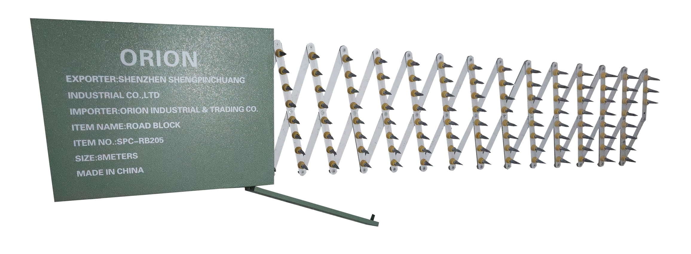 Case for a hinged tire-deflating device with spikes to stop runaway or unauthorized vehicles. The device's spike length is 8 m after unfolding